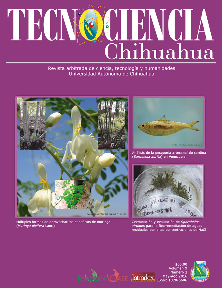 Portada de Tecnociencia Chihuahua, edición mayo-agosto de 2016. Editada por la Universidad Autónoma de Chihuahua.